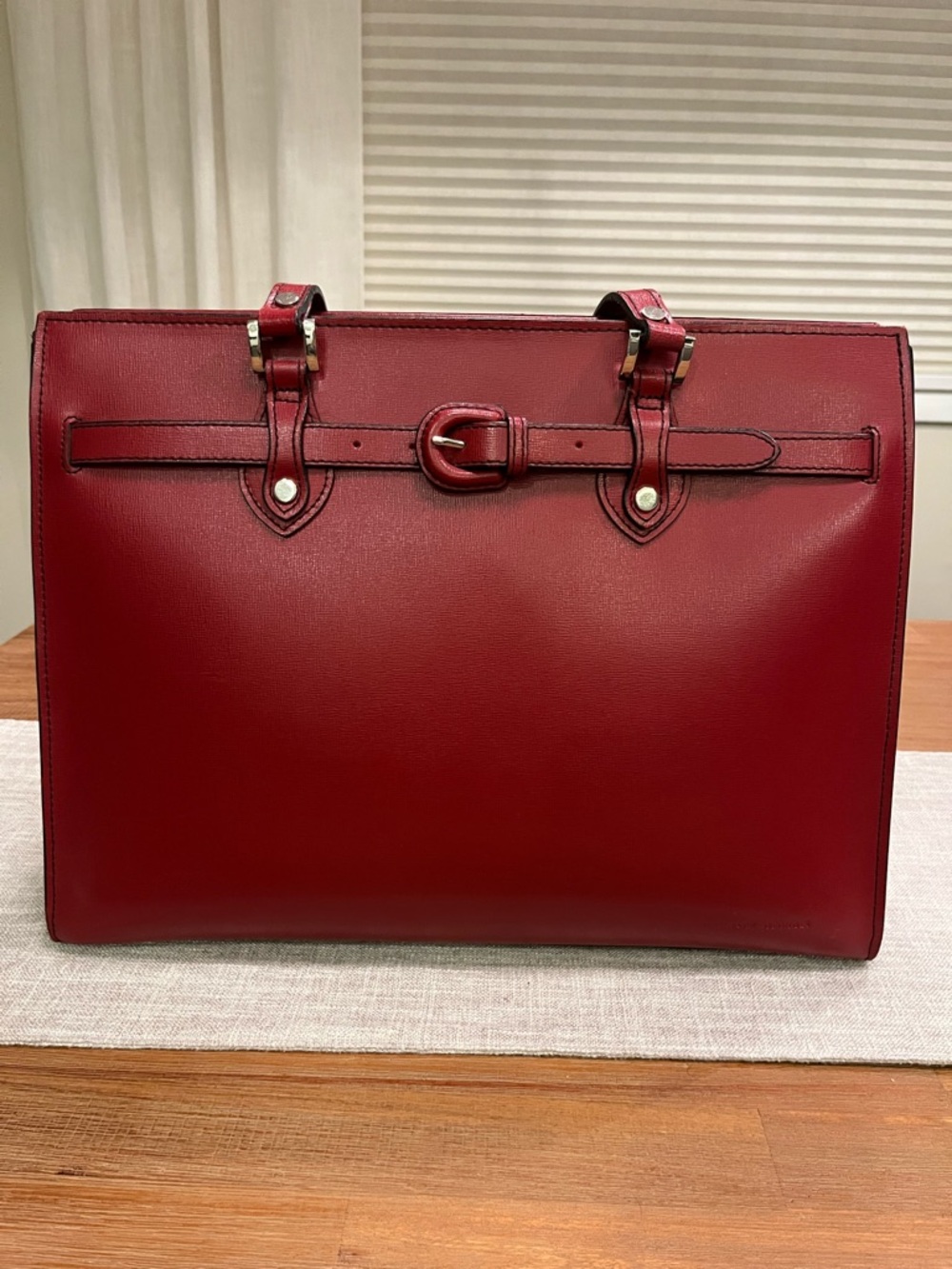 Women's Red Leather Laptop Bag with Belt Accent